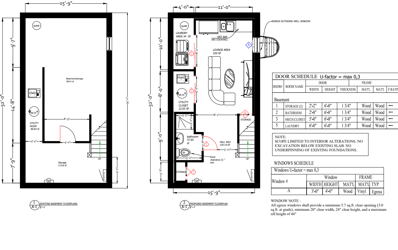 Existing and proposed basement floor plans with schedules