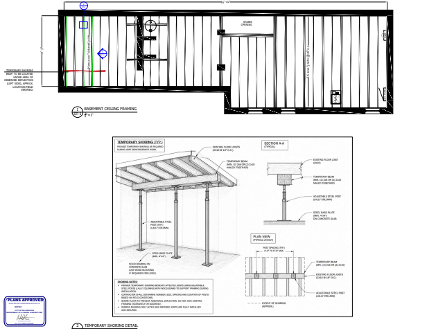 Basement ceiling framing plan and temporary shoring details