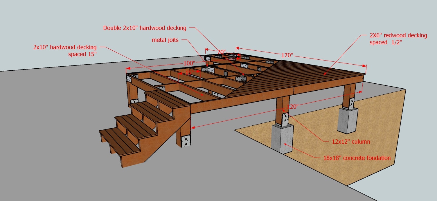 Three-dimensional deck framing construction rendering
