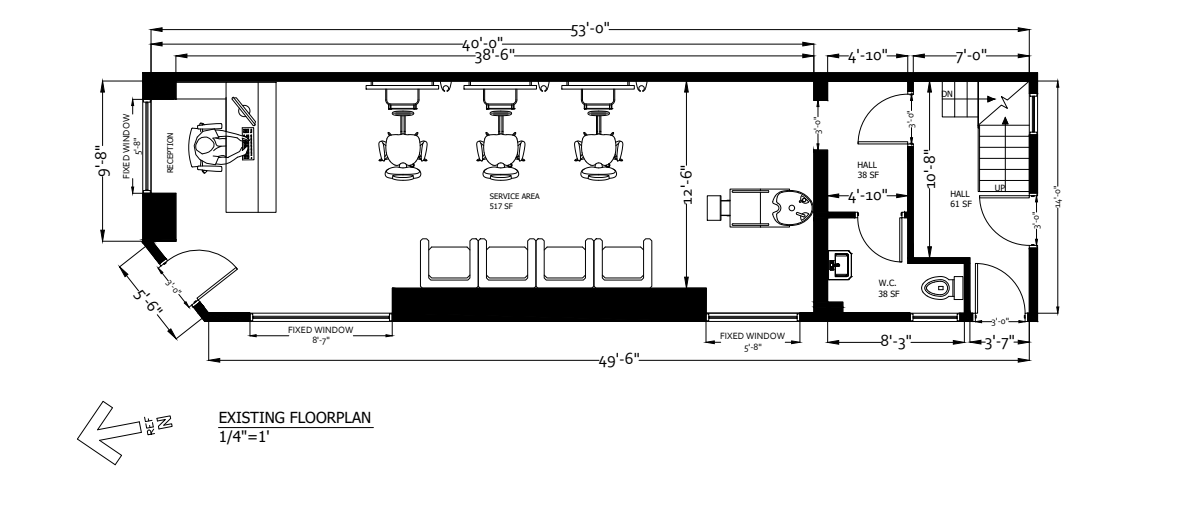 Existing commercial interior floor plan with service area