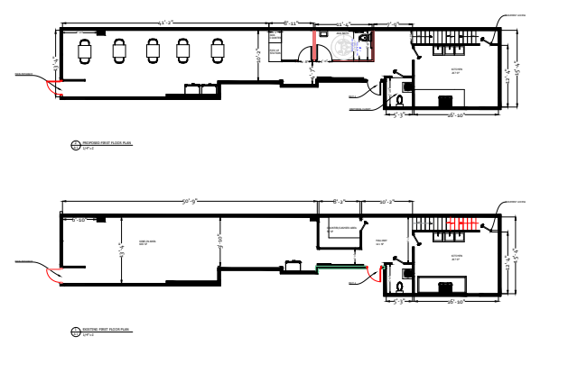 Existing and proposed floor plans for a commercial space