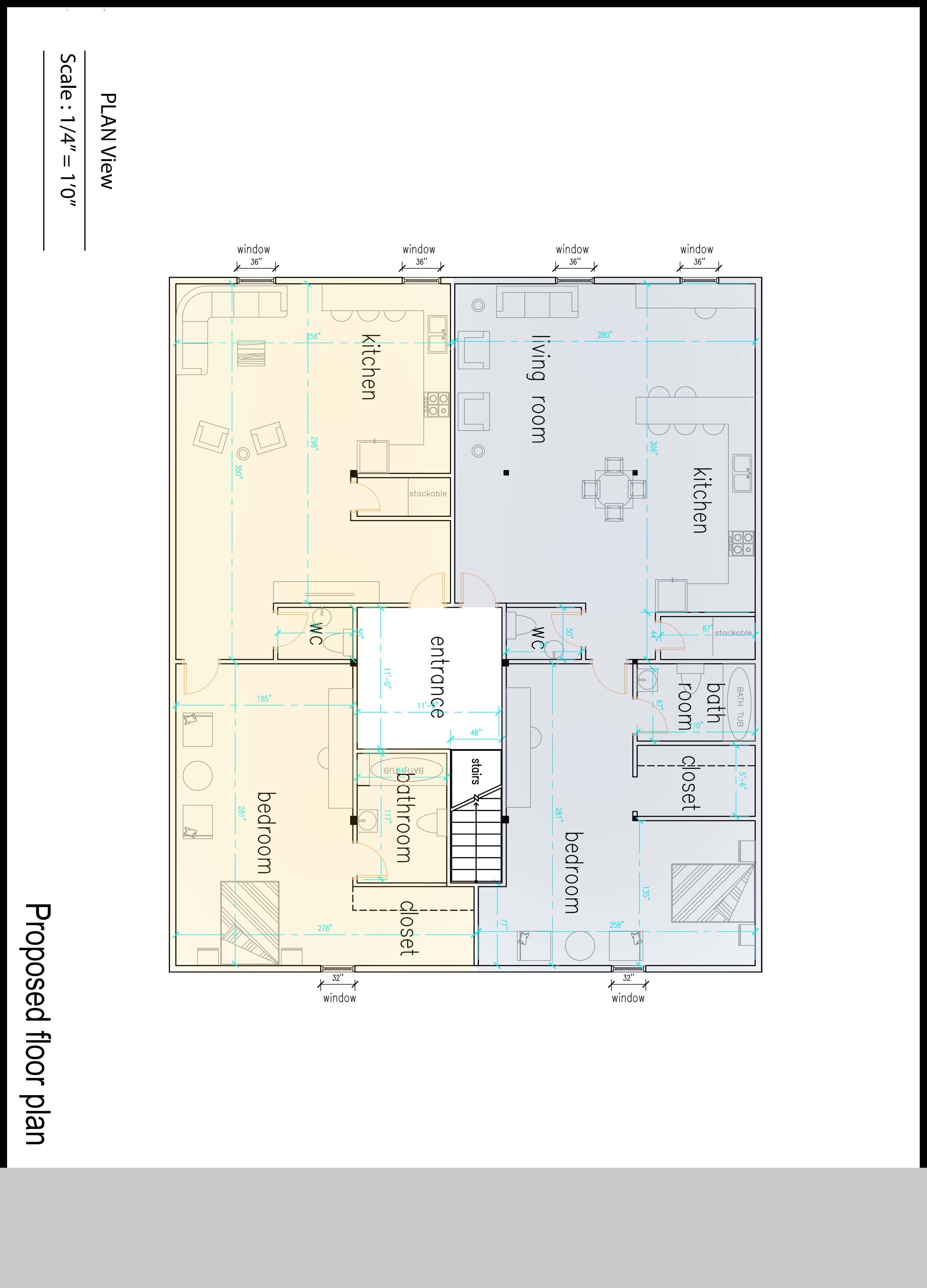 Proposed mirrored residential floor plan with kitchens and bedrooms