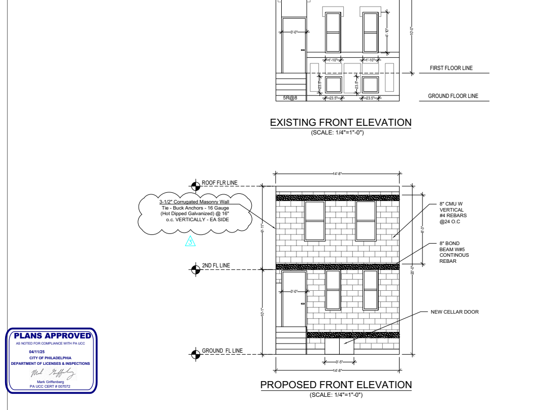Existing and proposed masonry front elevation drawings