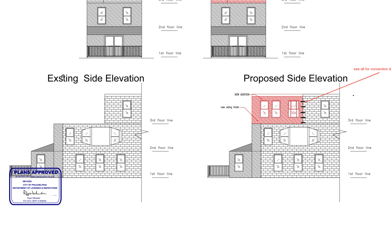 Existing and proposed side elevation showing a new addition