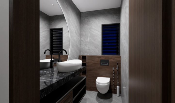 Bathroom rendering with stone vanity and dark fixtures