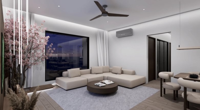 Contemporary living room rendering with sectional sofa and dining space