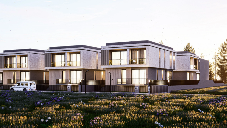 Contemporary residential development rendering with landscaped grounds