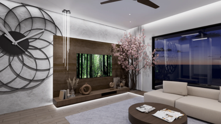 Kitchen interior rendering with island and contemporary finishes