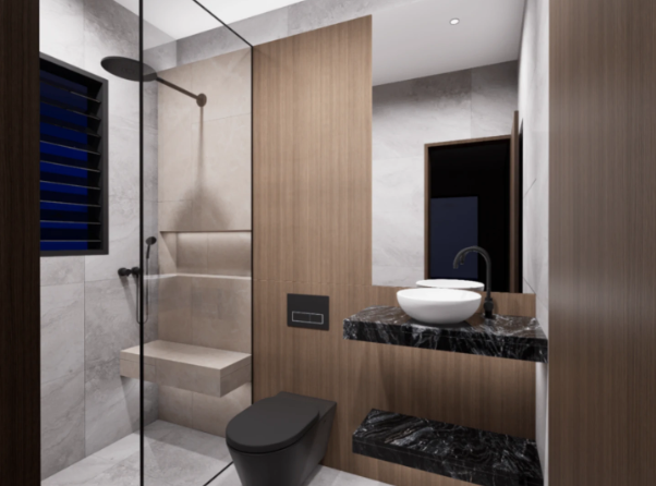 Modern bathroom rendering with wood paneling, marble, and glass shower