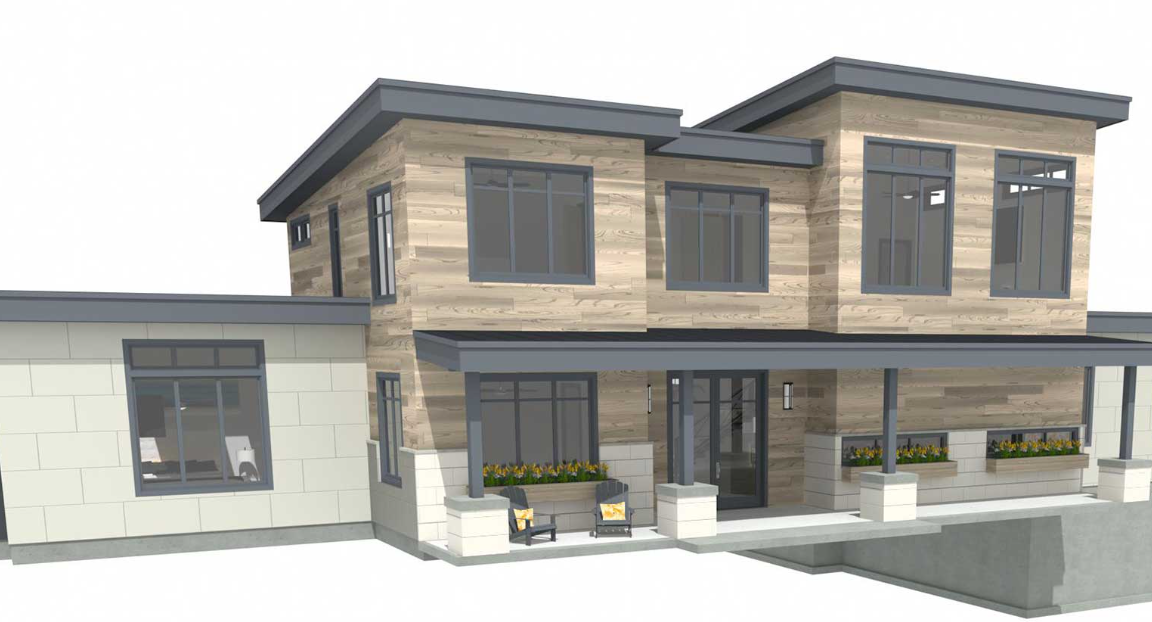 Modern two-story residential exterior rendering with wood siding and covered entry