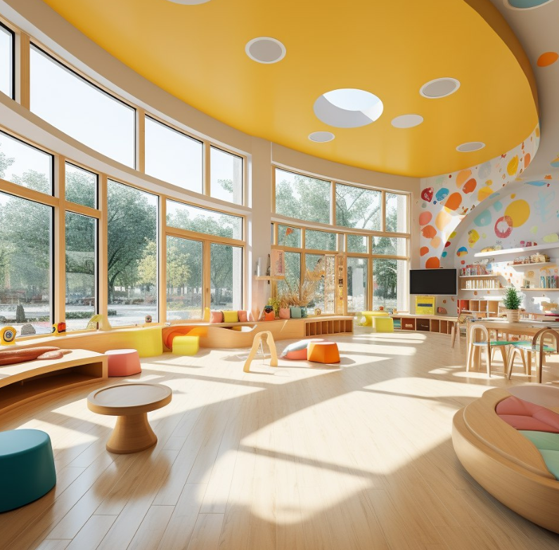 Colorful preschool activity room rendering with large windows and playful furniture