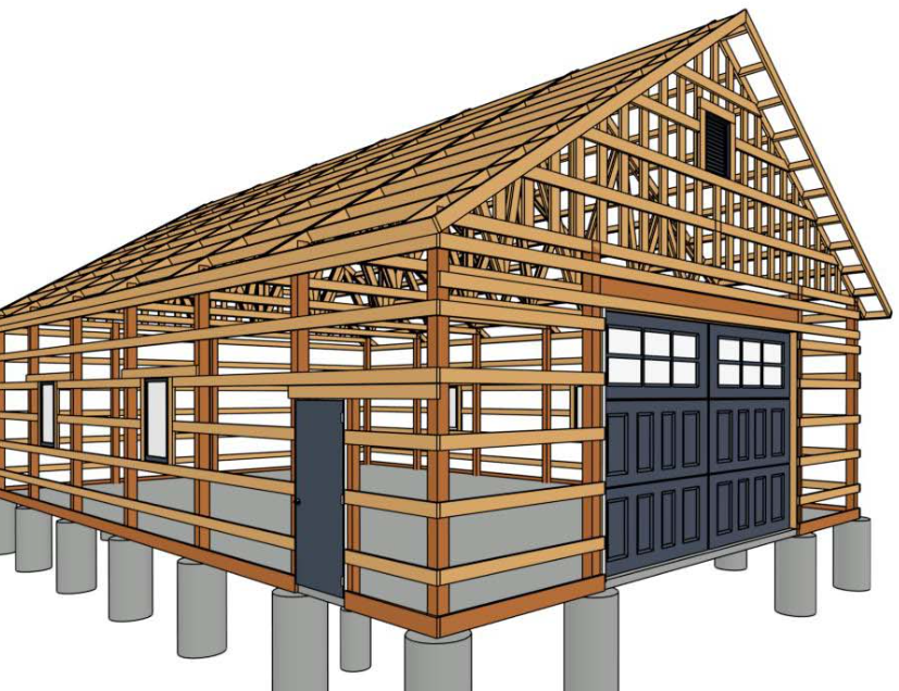 Timber-frame building rendering with attached garage and raised foundation