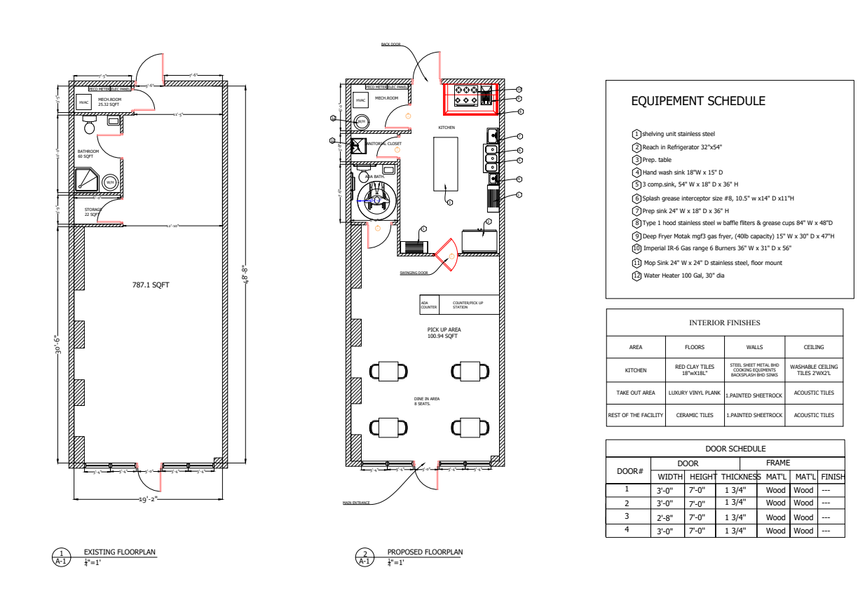 Restaurant floor plan with interior finishes and equipment schedule