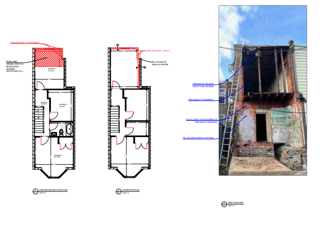 Rowhome existing and proposed floor plans with annotated elevation photo