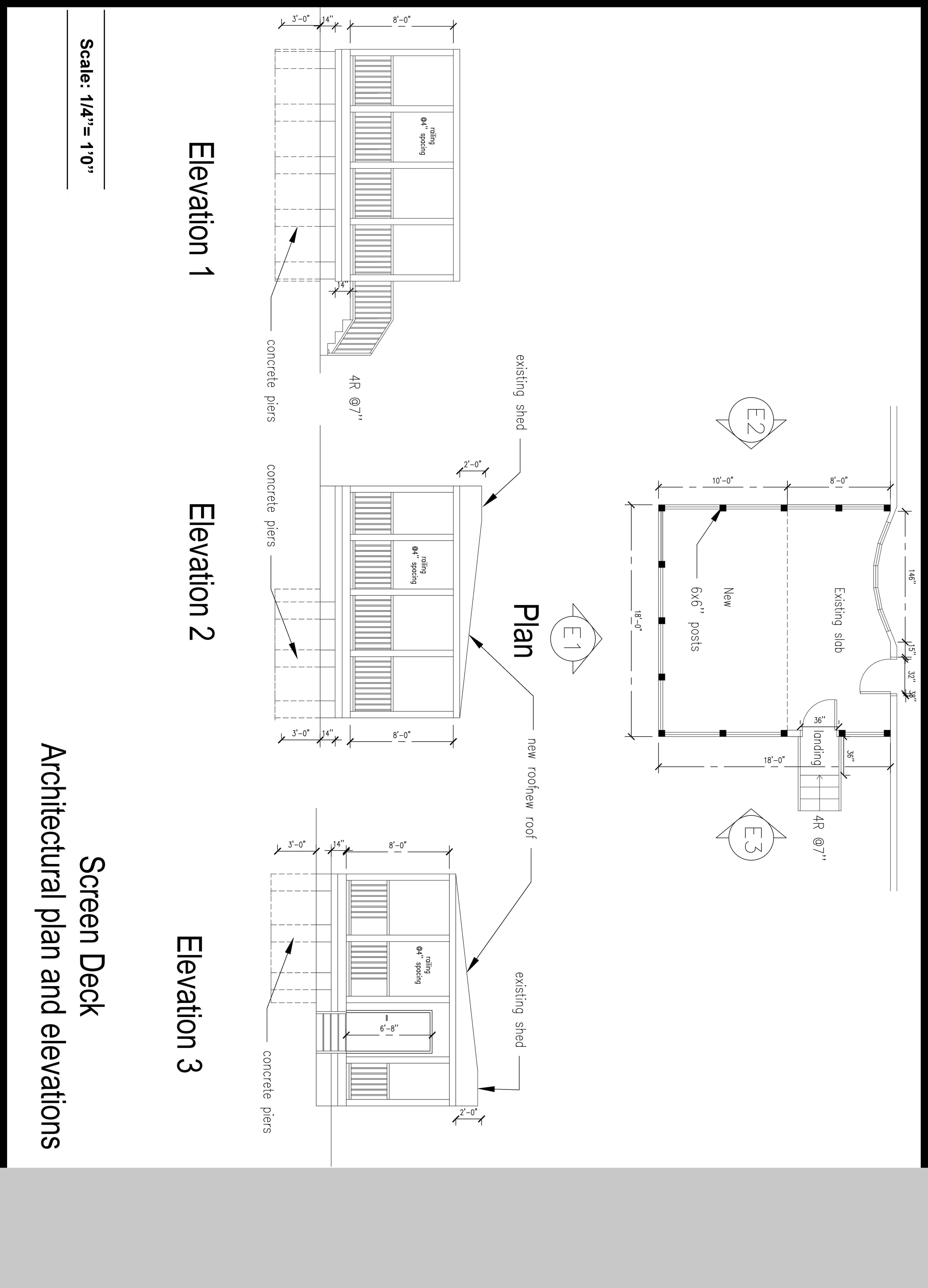 Screen deck plan with elevations and roof framing